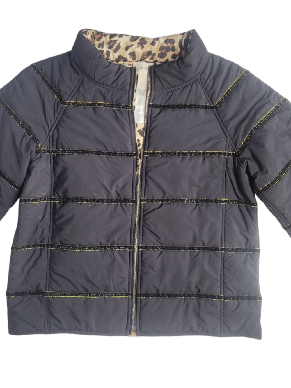 Chico's Reversible Puffer Jacket Black/Animal Print Size 1 (Medium 8)